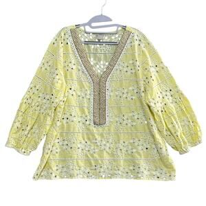 CHICO’S Size 4 Light Yellow Eyelet Cotton‎ Top 3/4 Sleeve V-Neck Summer Blouse